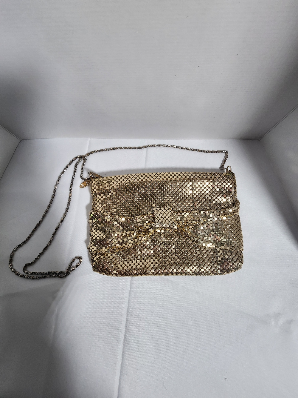 Another Y & S Original Gold Sequin Mesh Crossbody Bag with Bow and Chain Strap